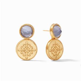 -,FLEUR DE LIS EARRINGS IN IRIDESCENT SLATE BLUE. 24K GOLD PLATED EARRINGS WITH BEADED TRIM & CUT GLAS GEMS. 1.25" LONG                     