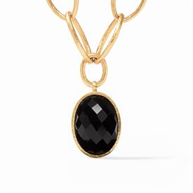 -,STATEMENT NECKLACE IN OBSIDIAN BLACK. 24K GOLD PLATED PENDANT BACKED WITH A ROSE CUT GLASS GEM ON A TOGGLE CLOSURE CHAIN. 21" LONG        