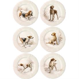 -SET OF 6 DESSERT PLATES, ASSORTED DOGS. 9.25" WIDE                                                                                         