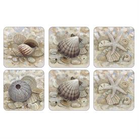 -,BEACH PRIZE SET OF 6 COASTERS. 4.25" SQUARE. CORK BACKED BOARD. CLEAN WITH DAMP SPONGE.                                                   