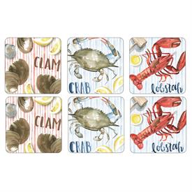 -,SUMMER FEAST SET OF 6 COASTERS. 4.25" SQUARE. CORK BACKED BOARD. CLEAN WITH DAMP CLOTH                                                    