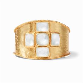 -,SAVOY CUFF IN IRIDESCENT CLEAR CRYSTAL. LAVISH ROSE CUR GLASS GEMS SET IN A LIGHTLY HAMMERED 24K GOLD PLATED CUFF. ONE SIZE               
