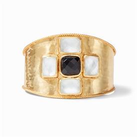 -,SAVOY CUFF IN OBSIDIAN BLACK & CLEAR. LAVISH ROSE CUT GLASS GEMS SET IN A LIGHTLY HAMMERED 24K GOLD PLATED CUFF. ONE SIZE.                