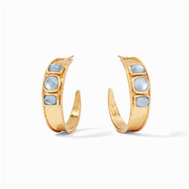 -,STATEMENT HOOP IN IRIDESCENT CHALCEDONY BLUE. ROSE-CUT GLASS GEMS SET IN LIGHTLY HAMMERED 24K GOLD PLATED HOOPS. 1.25" LONG               