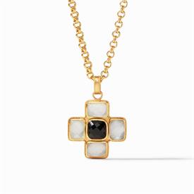 -,SAVOY PENDANT IN CLEAR & OBSIDIAN BLACK. ROSE-CUP GLAS GEMS SET IN 24K GOLD PLATE. 34.5" CHAIN. 2" PENDANT                                