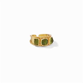 -,RING IN IRIDESCENT JADE GREEN. 24K GOLD PLATED SHANK WITH OPEN BAND & GLASS GEMSTONES. SIZE 6/7                                           