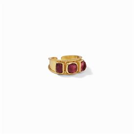 -,RUBY RED RING. 24K GOLD PLATED OPEN SHANK RING WITH FACETED GLASS GEMSTONES. SIZE 8/9.                                                    
