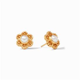 -,COLETTE STUD IN PEARL. PEARL CABOCHON SET IN 24K GOLD PLATED FLOWER WITH BEADED DETAILS. .5" WIDE                                         