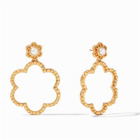 -,COLETTE STATEMENT EARRINGS IN PEARL. LIGHTWEIGHT 24K GOLD PLATED STATEMENT EARRINGS WITH PEARL CABOCHON & RAISED BEAD DETAILS. 1.85" LONG 