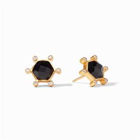 -,COSMO STUD IN OBSIDIAN BLACK. A CONSTELLATION OF SPARKLING CZ SURROUND A HEXAGONAL GLASS GEMSTONE SET IN 24K GOLDP LATE. .5" WIDE         