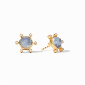 -,COSMO STUD IN IRIDESCENT CHALCEDONY BLUE. CONSTELLATION OF CZ SURROUND A HEXAGONAL GLASS GEM SET IN 24K GOLD PLATE. .5" WIDE              