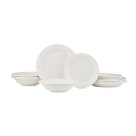 -WHITE 12-PIECE SET. INCLUDES 4 EACH DINNER PLATES, SALAD PLATES & PASTA BOWLS. DISHWASHER & MICROWAVE SAFE. MSRP $399.99                   