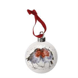 -ROBIN - 'SNUGGLED TOGETHER' CHRISTMAS BAUBLE. 2.6" WIDE. CLEAN WITH DAMP CLOTH.                                                            