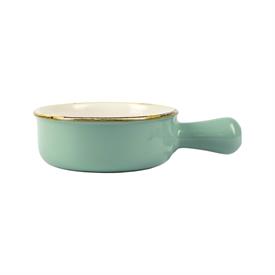 -AQUA SMALL ROUND BAKER WITH SINGLE LARGE HANDLE. 7.5" LONG, 6.25" WIDE, .5 QUART CAPACITY                                                  