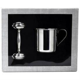-,STRAIGHT BABY CUP & RATTLE SET. PEWTER. 4" RATTLE. 2.6"X3.5" CUP                                                                          