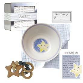 _,TWINKLE STAR BOWL & TEETHER SET. INCLUDES CERAMIC BOWL, WOOD & SILICONE TEETHER, BURP CLOTH & 'THE STORY OF YOU' STICKER                  