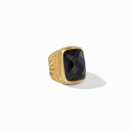 -,OBSIDIAN BLACK STATEMENT RING. 24K GOLD PLATED RING WITH BRADED ROPE DETAILING. SIZE 8                                                    