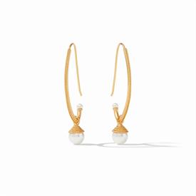 -,PEARL STATEMENT EARRINGS. 24K GOLD GILDED EARRINGS WITH A CHEVRON DESIGN AND CAPPED PEARL DETAILS. 1.85" LONG                             