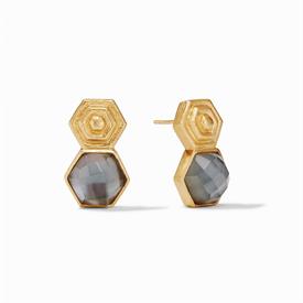 -,IRIDESCENT CHARCOAL GREY EARRINGS. 24K GOLD PLATED EARRINGS ACCENTED WITH MOTHER OF PEARL DOUBLET BACKED GLASS GEMSTONES. 1" LONG         