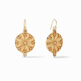 _,MERIDIAN EARRINGS. 24K GOLD PLATED DISKS WITH 8 DECORATIVE SPOKES & TINY CZ ACCENTS AT THE BASE. 1.5" LONG                                