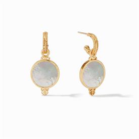 -,HOOP & CHARM EARRINGS. REVERSIBLE 24K GOLD PLATED CHARMS WITH MOTHER OF PEARL BACKS. 1.4" LONG                                            