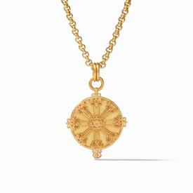 -,MERIDIAN PENDANT. 24K GOLD PLATED 8-SPOKED WHEEL ON A 36" CHAIN.                                                                          