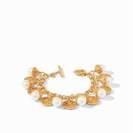 -,MERIDIAN CHARM BRACELET. 24K GOLD PLATED CHARMS WITH FAUX PEARL ACCENTS. ADJUSTABLE FROM 7" TO 7.5" LONG                                  