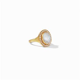 -,JULIET RING. 24K GOLD PLATED RING SET WITH A CLEAR ROSE CUT GLASS GEM SURROUNDED BY SEED PEARLS. SIZE 7                                   