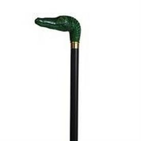 -,GREEN ALLIGATOR HEAD CANE. MADE IN ITALY, THE HANDLE IS MOLDED OF LONG LASTING CELLULOSE ACETATE ON A BEECHWOOD SHAFT. 36" LONG           