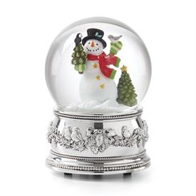 -,SNOWMAN 'NORTH POLE BOUND' SNOWGLOBE. SILVERPLATED. PLAYS 'WE WISH YOU A MERRY CHRISTMAS'. 5.75" TALL                                     