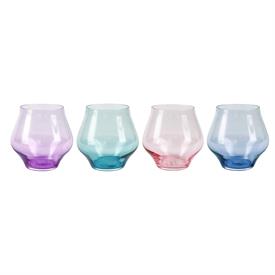 -SET OF 4 STEMLESS WINE GLASSES, ASSORTED STYLES. 4" TALL, 10 OZ. CAPACITY                                                                  