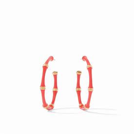 -,MEDIUM CORAL ENAMELED HOOP EARRINGS. 24K GOLD PLATED. 1.25" LONG                                                                          