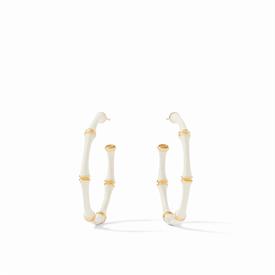-,MEDIUM IVORY ENAMELED HOOP EARRINGS. 24K GOLD PLATED. 1.25" LONG                                                                          