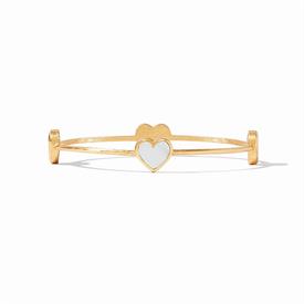 -,HEART BANGLE. ELEGANTLY SCORED BANGLE EMBELLISHED WITH FOUR MOTHER OF PEARL HEART STATIONS. SIZE MEDIUM. 8" CIRCUMFERENCE, 2.5" DIAMETER  