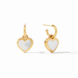 -,HOOP & CHARM EARRINGS. REMOVABLE 24K GOLD & MOTHER OF PEARL HEART CHARMS ON ELEGANTLY SCORED HOOPS. 1" LONG                               