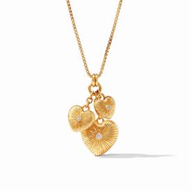 -,ESME HEART CHARM PENDANT NECKLACE. TRIO OF 24K PUFFED HEARTS WITH CZ ACCENTS. CHAIN CAN BE WORN AT 35" OR DOUBLED UP TO 18"               