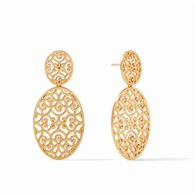 -,VIENNA EARRINGS. 24K OVAL SHAPED STATEMENT EARRINGS WITH LACE OPENWORK SUSPENDED FROM A FILIGREE TOP. 2" LONG                             