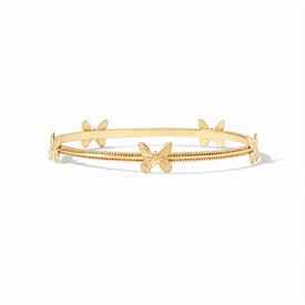 -,BUTTERFLY BANGLE. SLENDER 24K GOLD PLATED BANGLE DECORATED WITH WHIMSICAL BUTTERFLY STATIONS AND A BEADED EDGE. MEDIUM, 8" CIRCUMFERENCE  