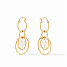 -,3-IN-1 PEARL EARRINGS. 24K GOLD PLATED HOOPS WITH PEARL ACCENTS. CAN BE WORN .75" LONG, 2.2" LONG, OR 2.75" LONG                          