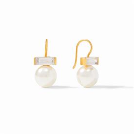 -CHARLOTTE EARRING. 24K GOLD PLATED EARRINGS SET WITH CZ ATOP A 12MM SHELL PEARL. 1" LONG                                                   