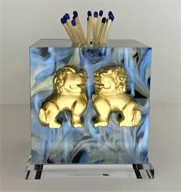 -:FOO DOGS ON BLUE MATCH STRIKE. 4" X 4" X 4.5". INCLUDES BOX OF 3" MATCHES.                                                                