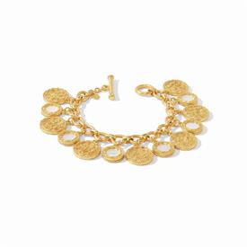 -,TRIESTE COIN CHARM BRACELET. 24K GOLD PLATED ANCIENT INSPIRED COIN CHARMS WITH MOTHER OF PEARL INSETS. 7.5" LONG                          