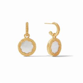 -,TRIESTE REVERSIBLE CHARM EARRINGS. 24K GOLD PLATED ANCIENT COIN INSPIRED & MOTHER OF PEARL REMOVABLE CHARMS. 1.35" LONG                   