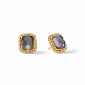 _,MARBELLA STUD EARRINGS IN IRIDESCENT CHARCOAL BLUE. SPARKLING GLASS GENSTONE IN 24K GOLD PLATED FRAME. .6" LONG                           