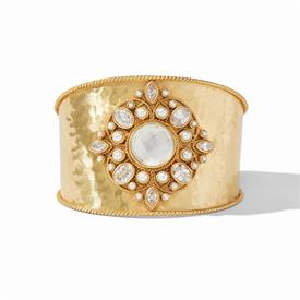 -,MONACO STATEMENT CUFF BRACELET. LIGHTLY HAMMERED 24K GOLD PLATED CUFF WITH PEARL, CZ & GLASS GEM ACCENTS. 2.6" DIAMETER (ADJUSTABLE)      