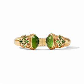 -,MONACO CUFF IN IRIDESCENT JADE GREEN. 24K GOLD PLATED CUFF WITH PEARL, CZ & GLASS GEM ACCENTS. 2.4" DIAMETER. ONE SIZE                    