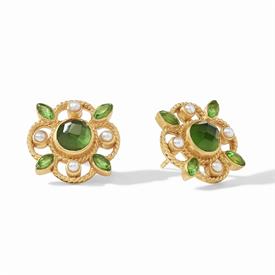 -,MONACO STUDS IN IRIDESCENT JADE GREEN. 24K GOLD PLATED STUDS WITH PEARL, CZ & ROSE-CUT GEM ACCENTS. .65" WIDE                             