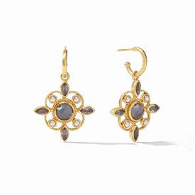 -,IRIDESCENT CHARCOAL BLUE HOOP & CHARM EARRINGS. REMOVABLE 24K PLATED CHARMS WITH PEARL, CZ & GLASS GEM ACCENTS. 1.65" LONG                
