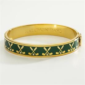 -:GOLF CLUB EMERALD BANGLE. 10MM WIDE & 18K GOLD PLATED. FEATURING A HINGE CLASP. ONE SIZE (2.40" DIAMETER)                                 
