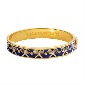 -:TENNIS RACKET & BALL DEEP COBALT BANGLE. 10MM WIDE & 18K GOLD PLATED. FEATURES A HINGED CLASP. ONE SIZE (2.4" DIAMETER)                   